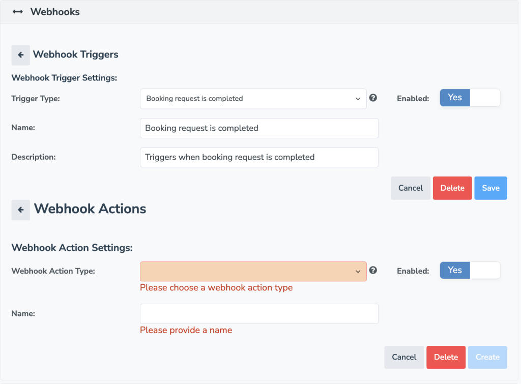 enter details for the webhook action you want to take place after a trigger